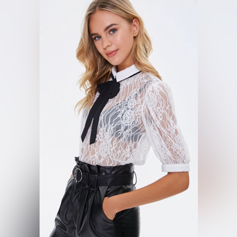 Sheer Lace Pussycat Bow Top